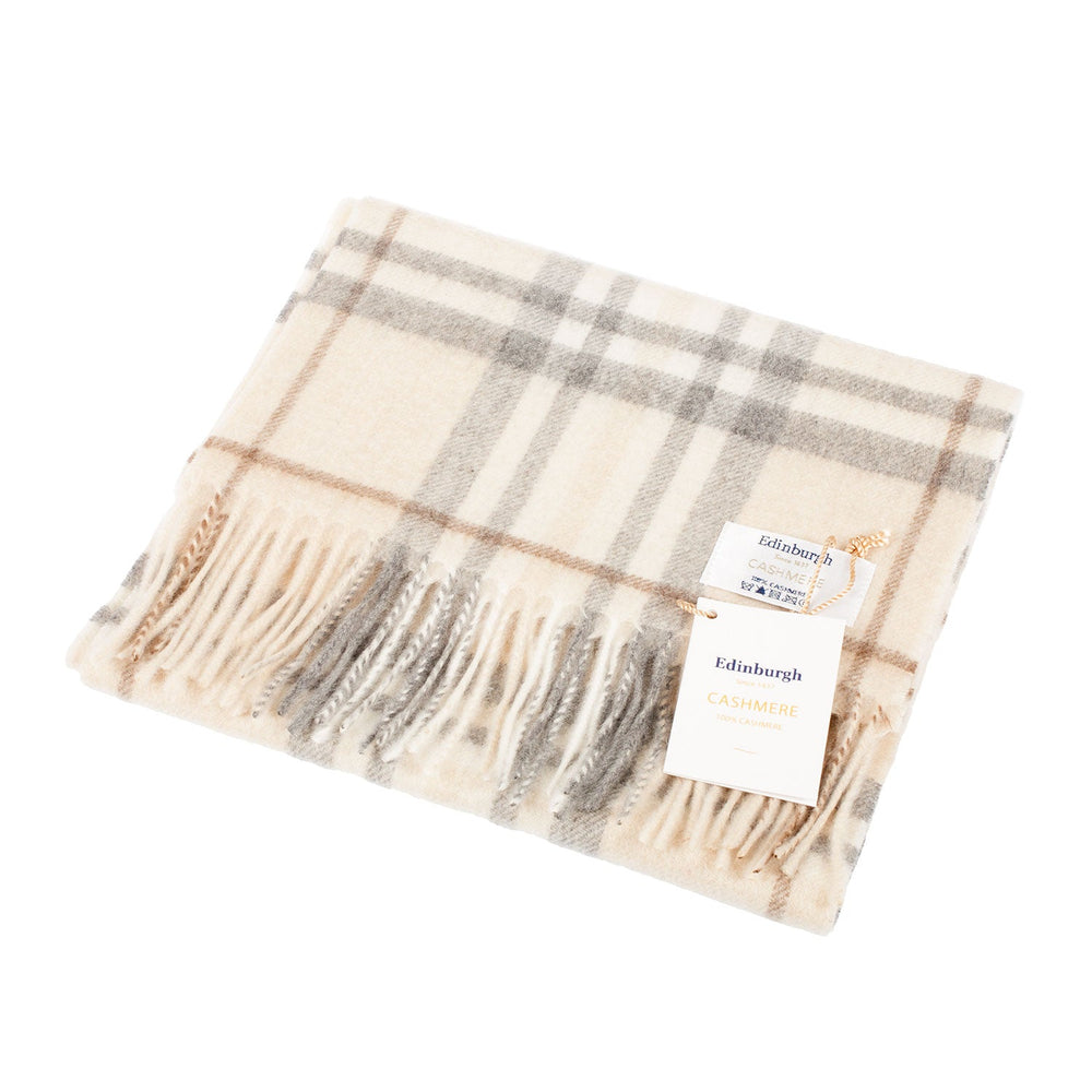 Edinburgh Cashmere Scarf Highlight Check - Olive/Brown/Oyster - Dunedin Cashmere