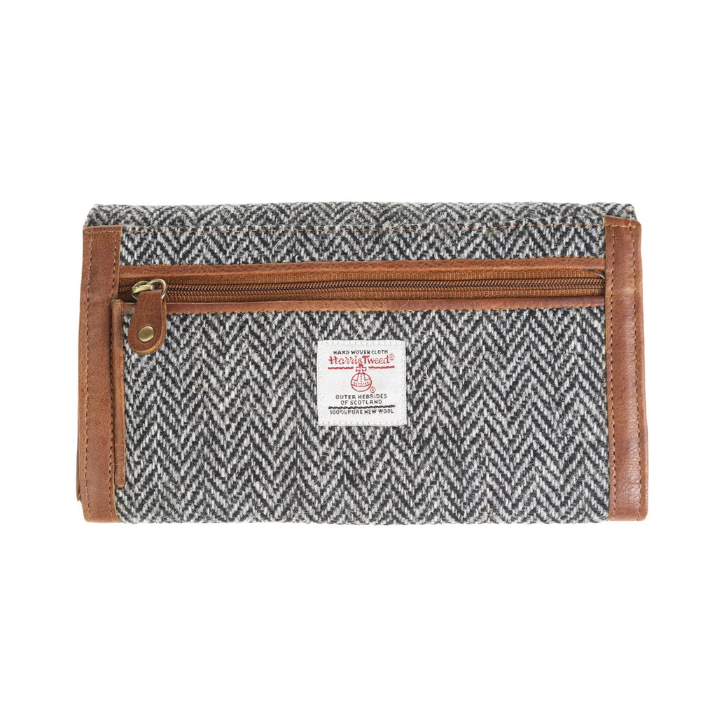 Ladies Ht Leather Long Purse Black White Herringbone Tan