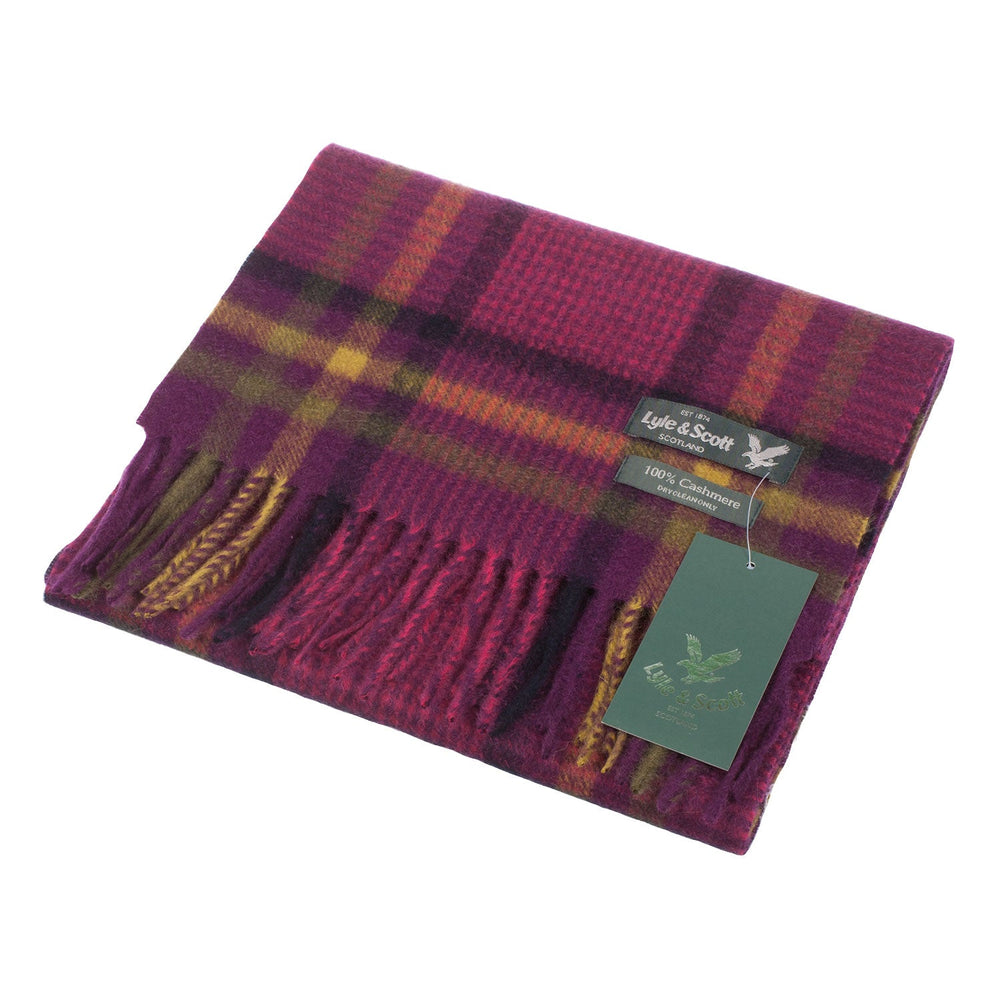 Lyle & Scott 100% Cashmere Scarf Houndstooth Check Radicchio/Eminence - Dunedin Cashmere